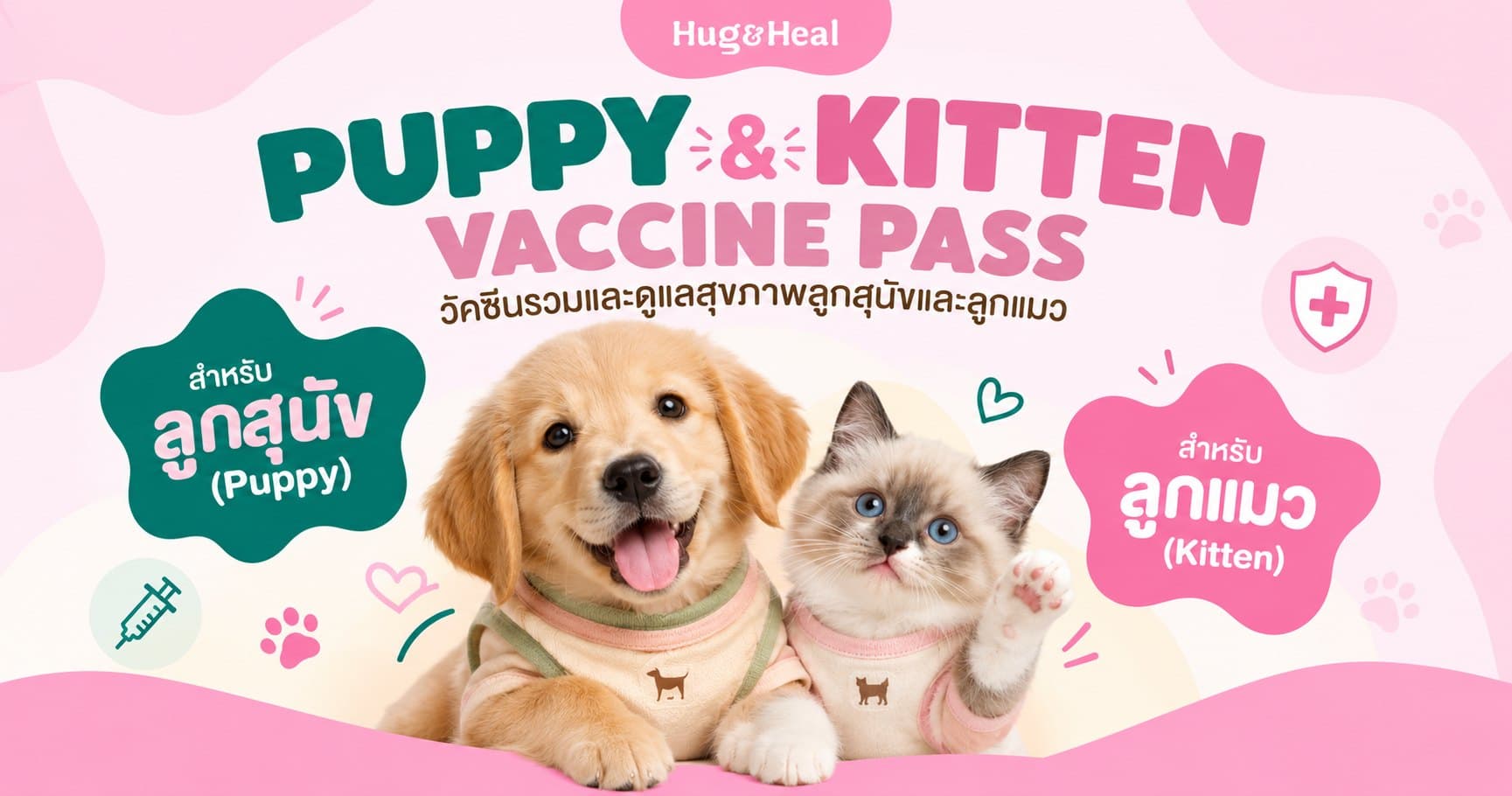 ภาพแพ็กเกจ Puppy & Kitten Vaccine Pass ของ Hug & Heal สำหรับลูกสุนัขและลูกแมวแรกรับ